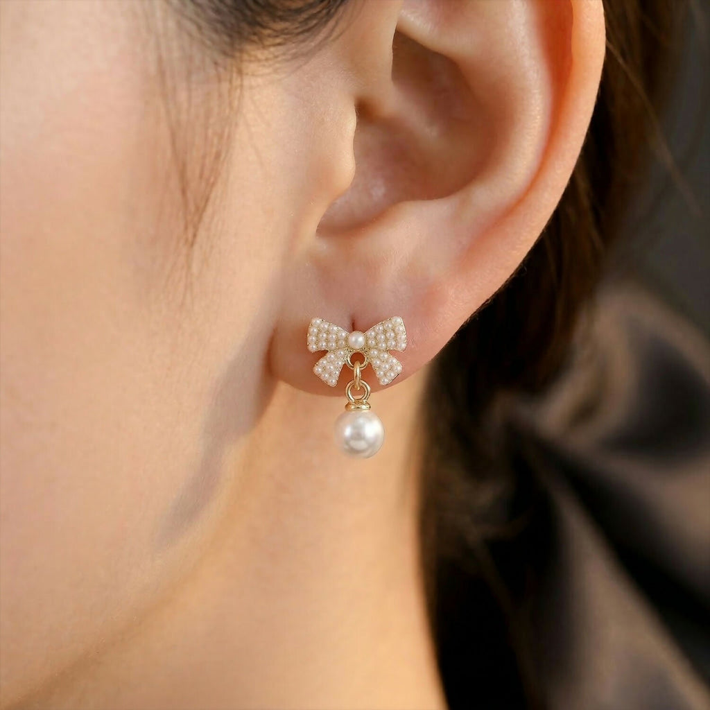 Crystal Pearl Studs – Elegant Korean Ribbon Bow Earrings