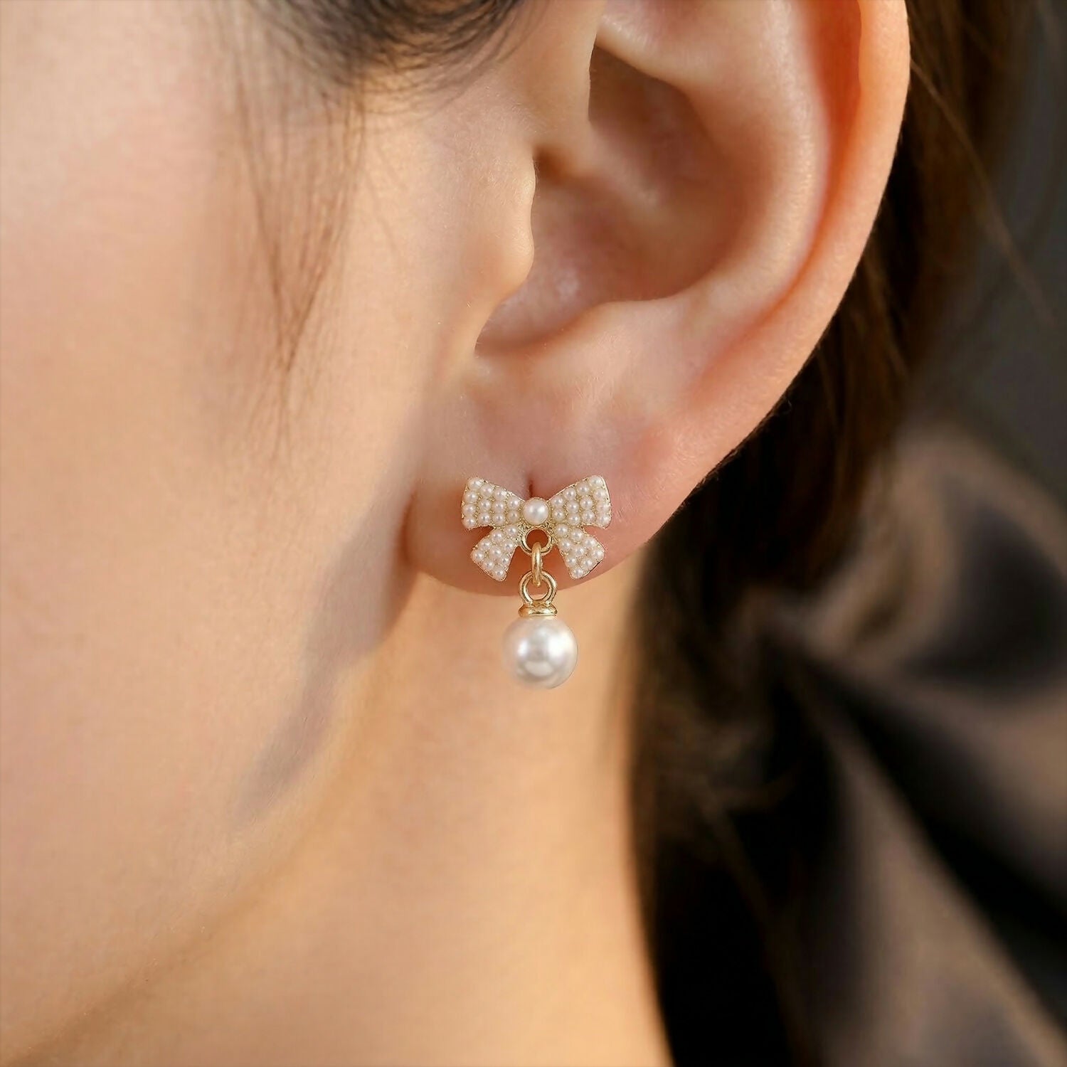 Crystal Pearl Studs – Elegant Korean Ribbon Bow Earrings