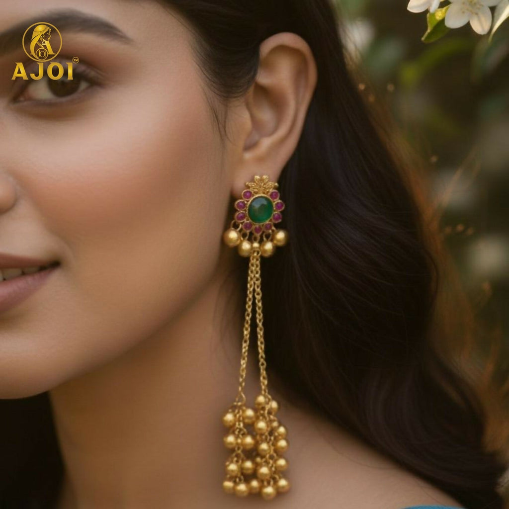 Kashmiri Gold-Plated Ear Cuff Earrings with Emerald & Ruby