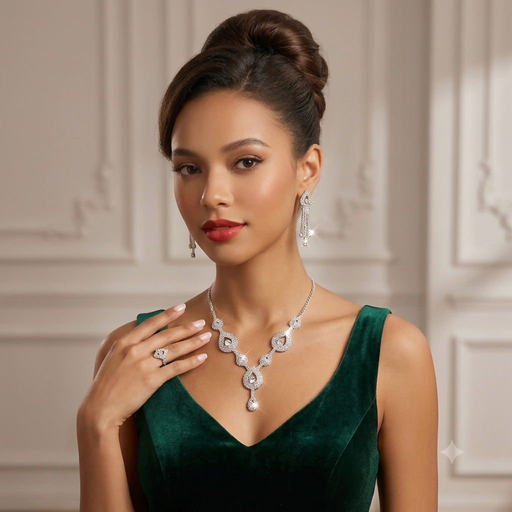 Elegant Silver Plated American Diamond Choker Necklace and Earrings Set for Women and Girls