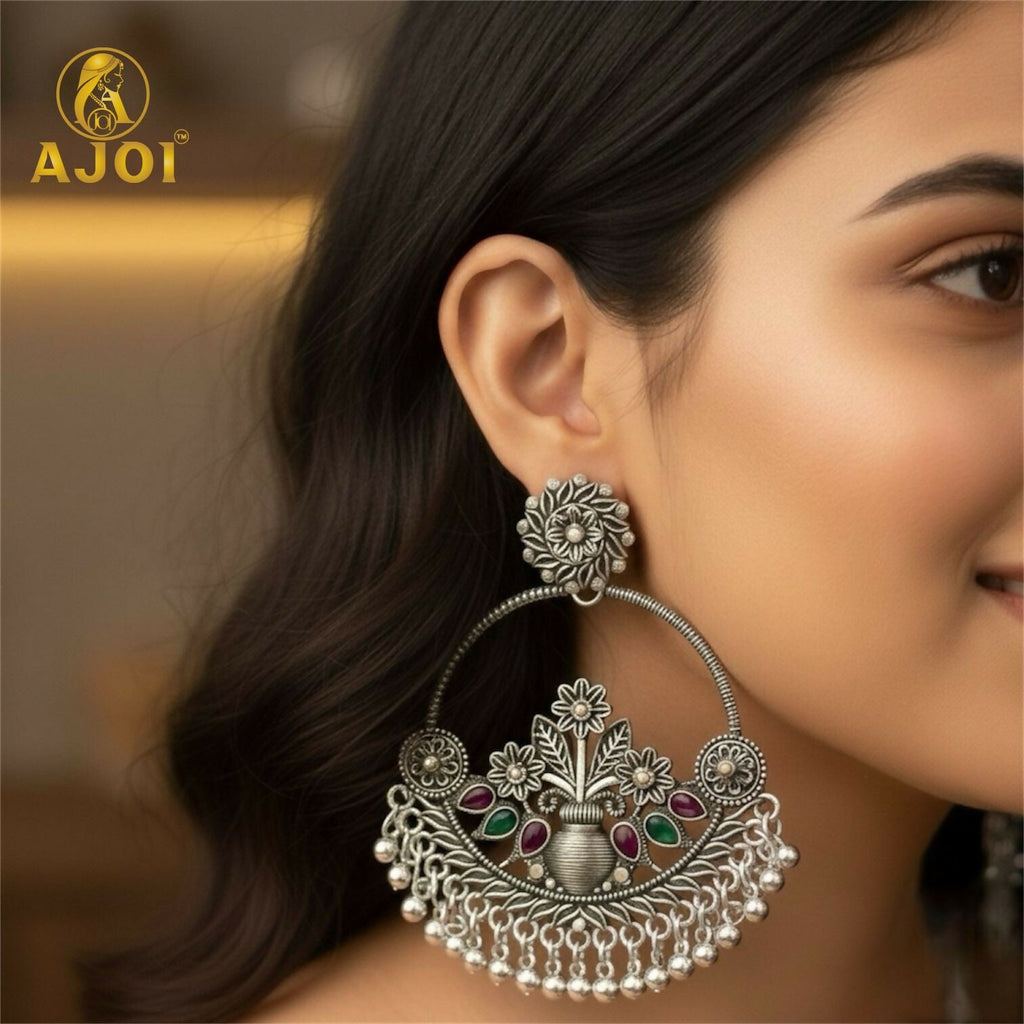 Oxidised Silver Chandbali Earrings – Floral Design with Color Stones