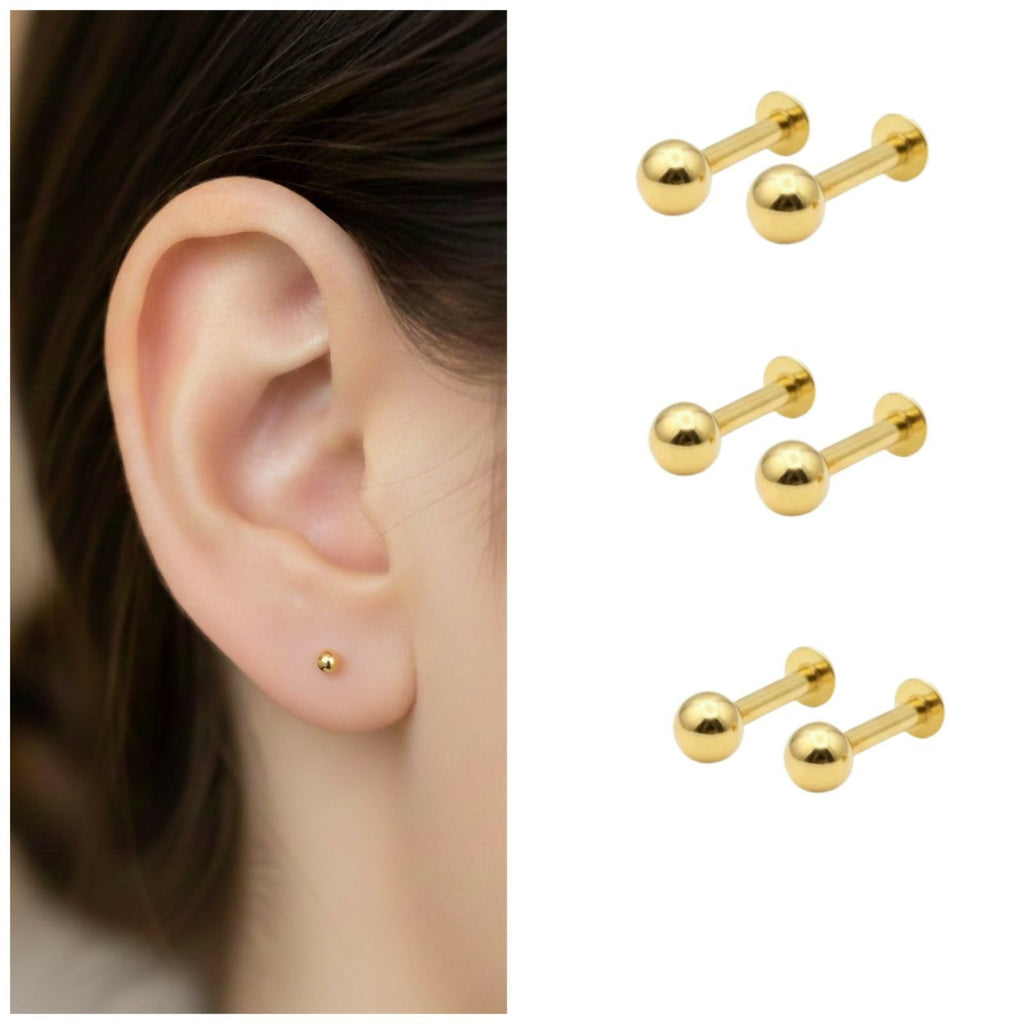 Gold Ball Stud Earrings – Comfortable Flat-Back Labret Set