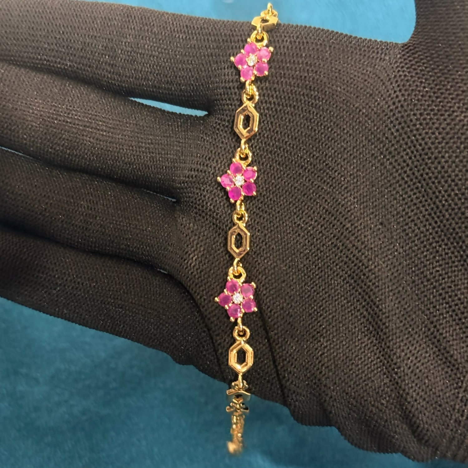 Elegant Pink Floral Stone Gold-Tone Bracelet with Geometric Links for Women & Girls