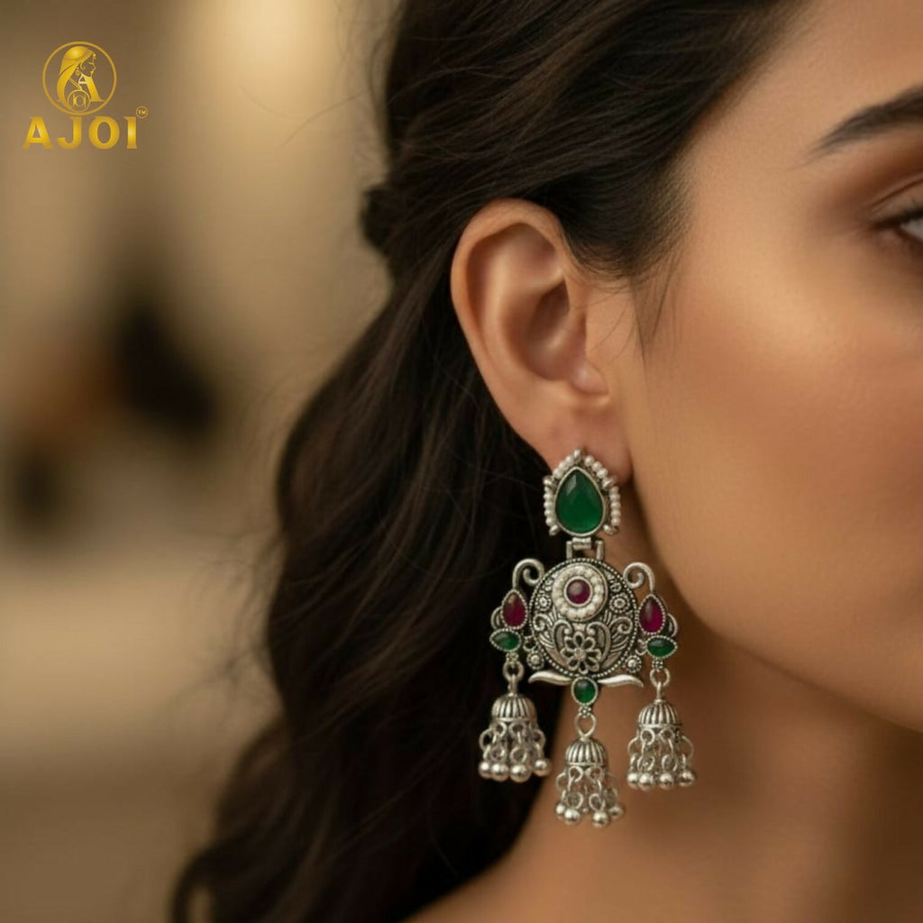 Oxidised Chandbali Jhumka Earrings – Elegant Green & Red Stones