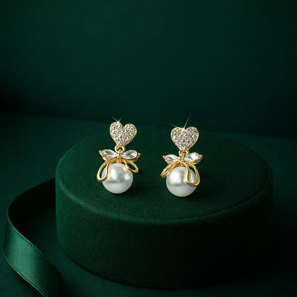 Heart Crystal Pearl Bow Earrings – 14K Gold Plated Elegance