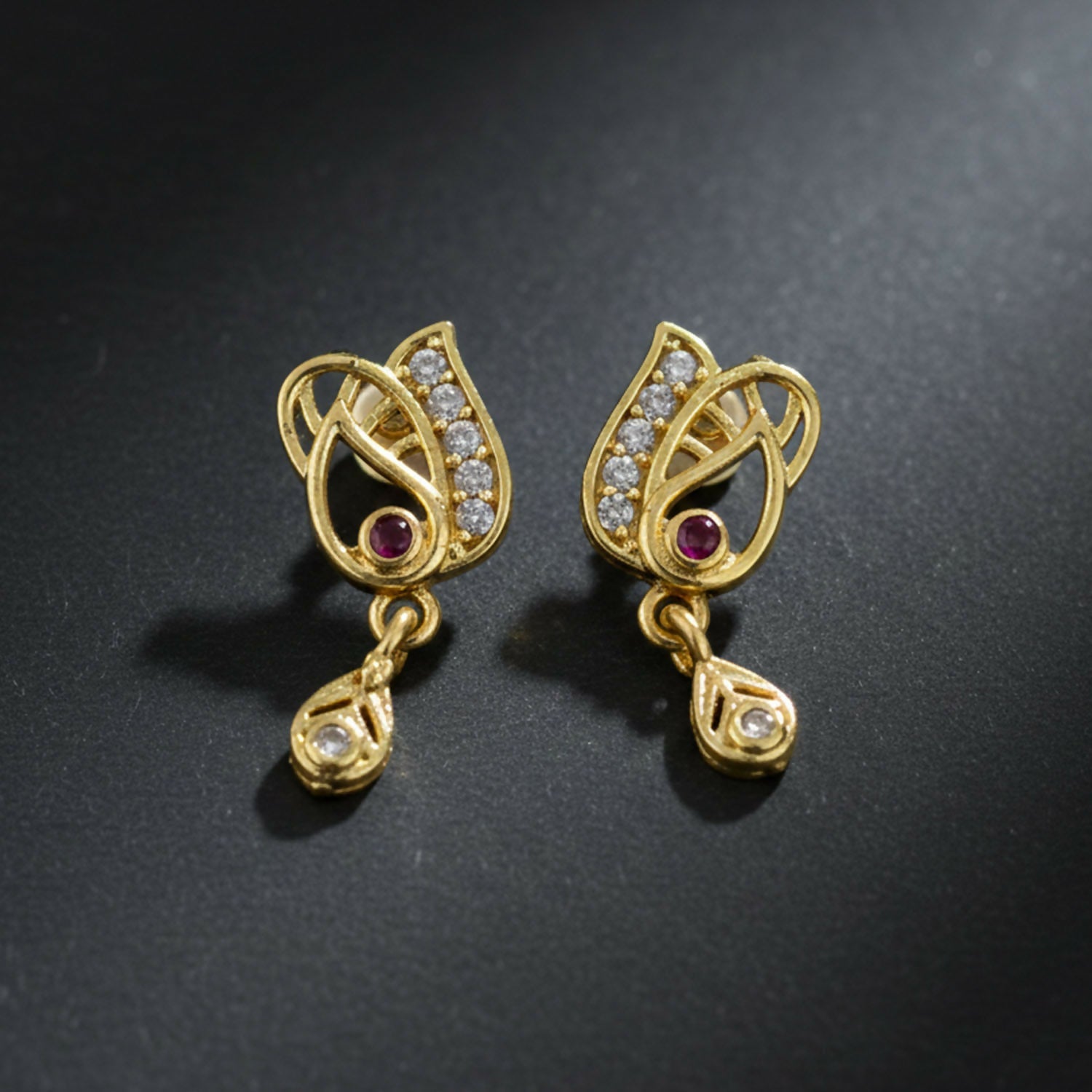 Gold Plated Ruby Accent Stud Earrings – Elegant Drop Design