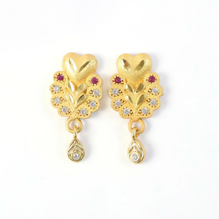 Gold Stud Earrings with Floral Design and Teardrop Dangle