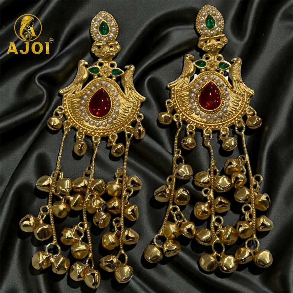 Kashmiri Heritage Gold Dangler Earrings with Red Teardrop Stone