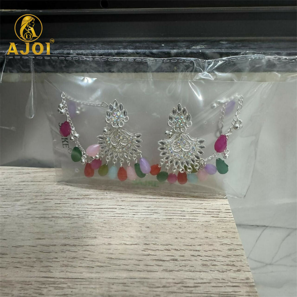 Kansar Earrings – Silver-Plated Floral Design with Multicolor Beads