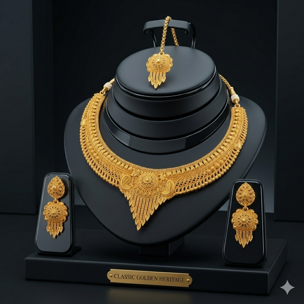 Heritage Gold-Tone Necklace Set with Matching Earrings and Maang Tikka for Women