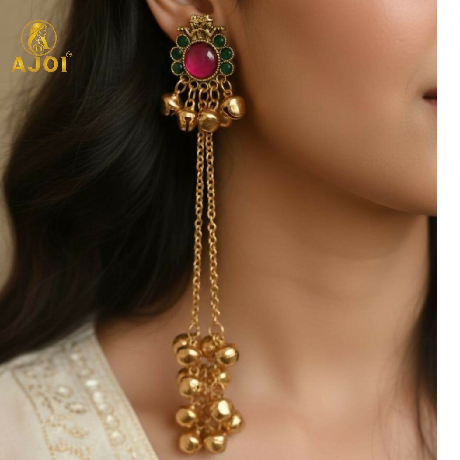 Kashmiri Gold-Plated Ear Cuff Chain Earrings – Ruby & Emerald Stones