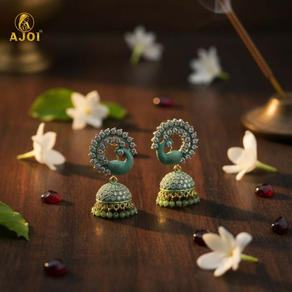 Peacock Stone Jhumka Earrings – Elegant Mint Green Festive Jewelry