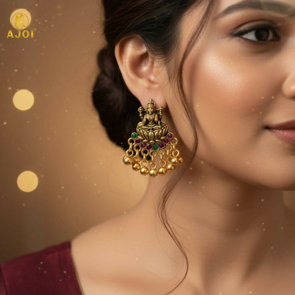 Lakshmi Idol Mini Jhumka Earrings – Antique Gold with Multicolor Stones