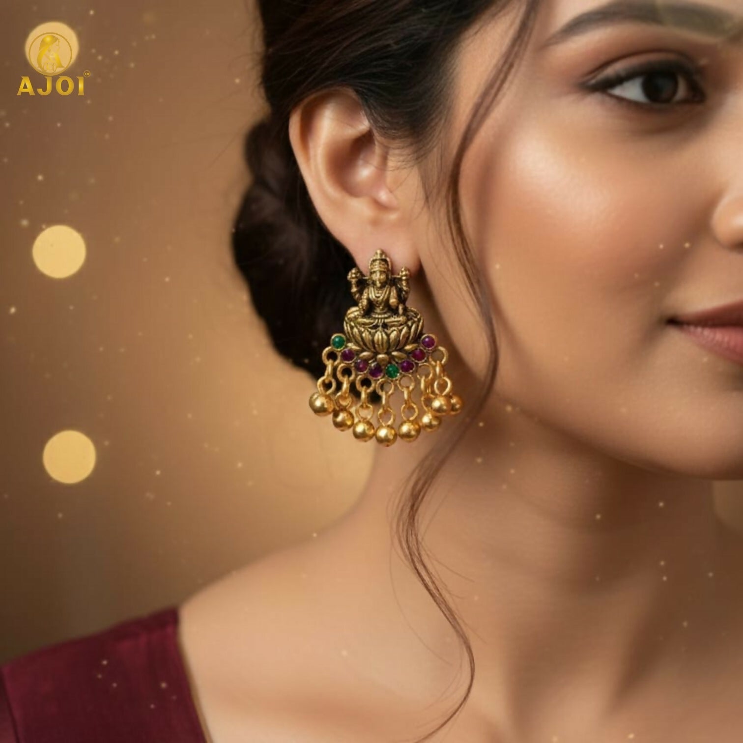 Lakshmi Idol Mini Jhumka Earrings – Antique Gold with Multicolor Stones