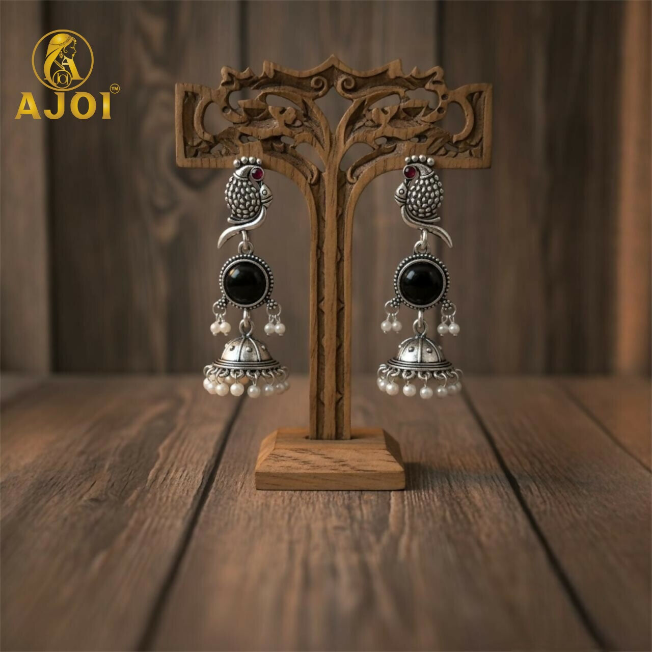Peacock Jhumka Earrings – Oxidized Silver Finish with Black Stone
