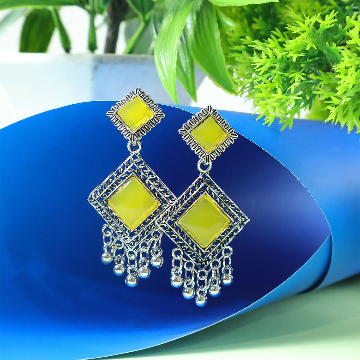 Oxidised Dangler Earrings – Traditional Indian Yellow Monalisa Stones