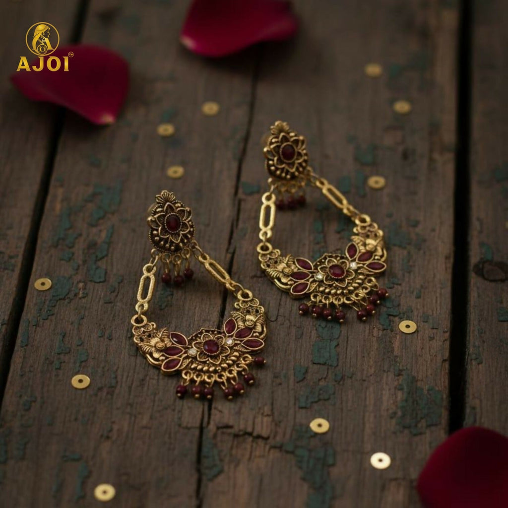 Maroon Floral Chandbali Earrings – Vintage Ethnic Elegance