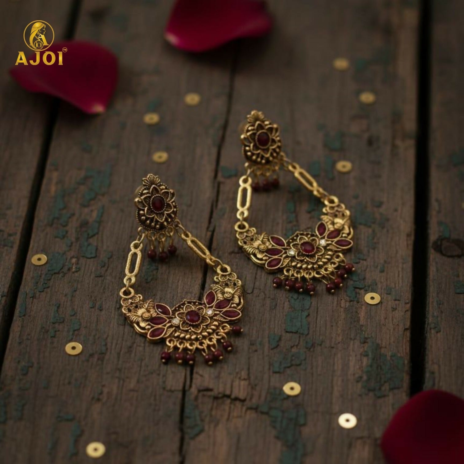 Maroon Floral Chandbali Earrings – Vintage Ethnic Elegance