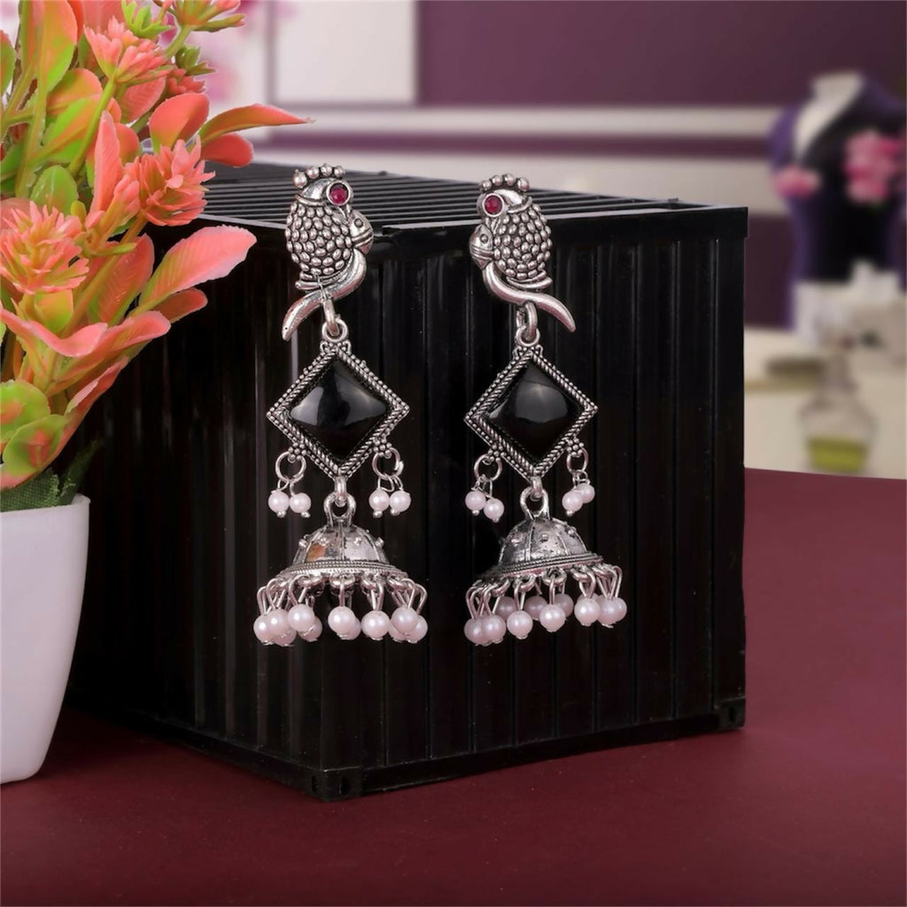 Oxidised Silver Parrot Design Jhumka Earrings with Black Stones