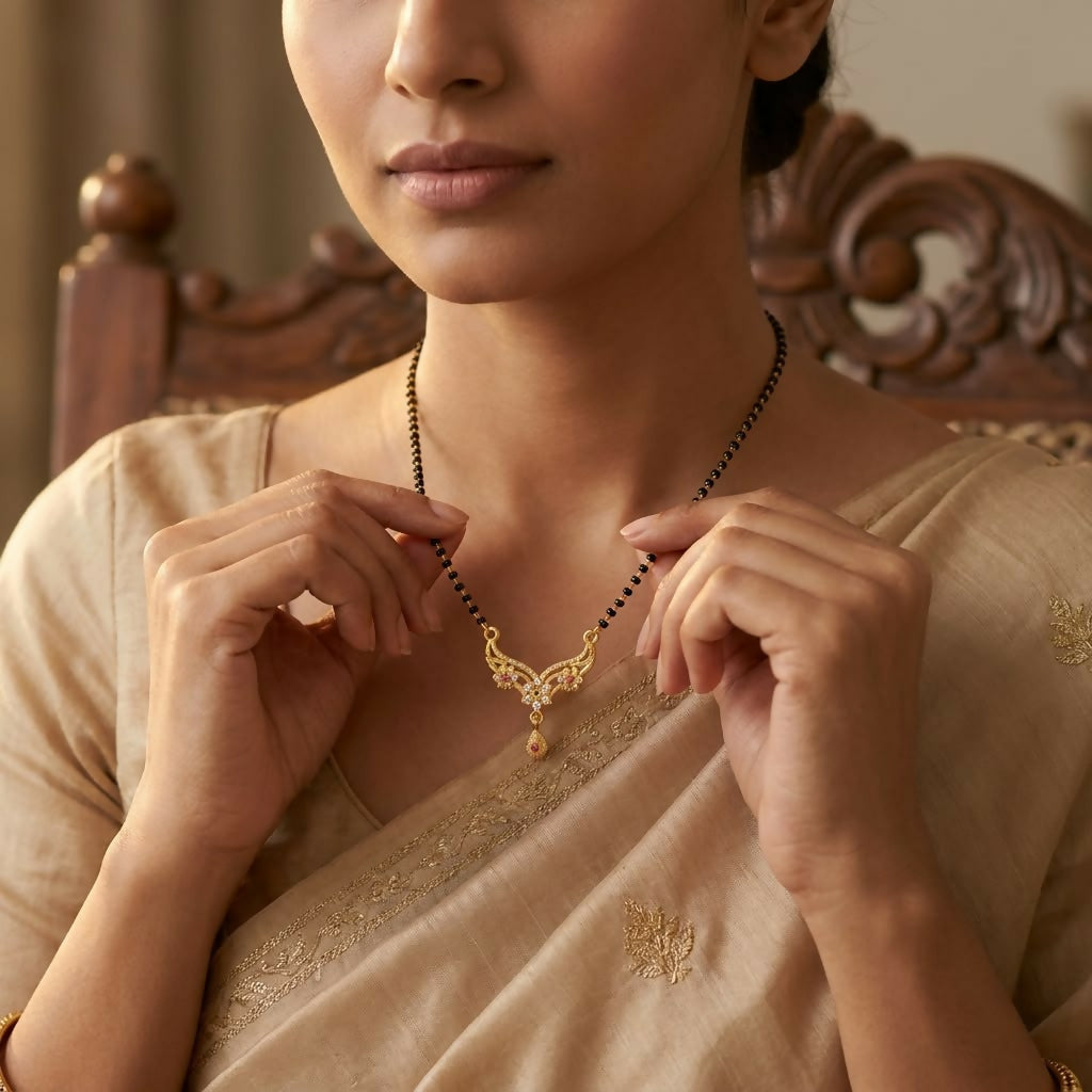 Gold-Tone Floral Pendant Mangalsutra Necklace for Women with Black Bead Chain