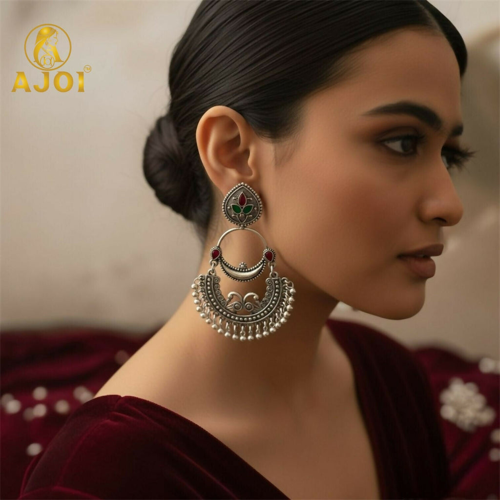 Oxidised Silver Peacock Chandbali Earrings – Vintage Ethnic Charm