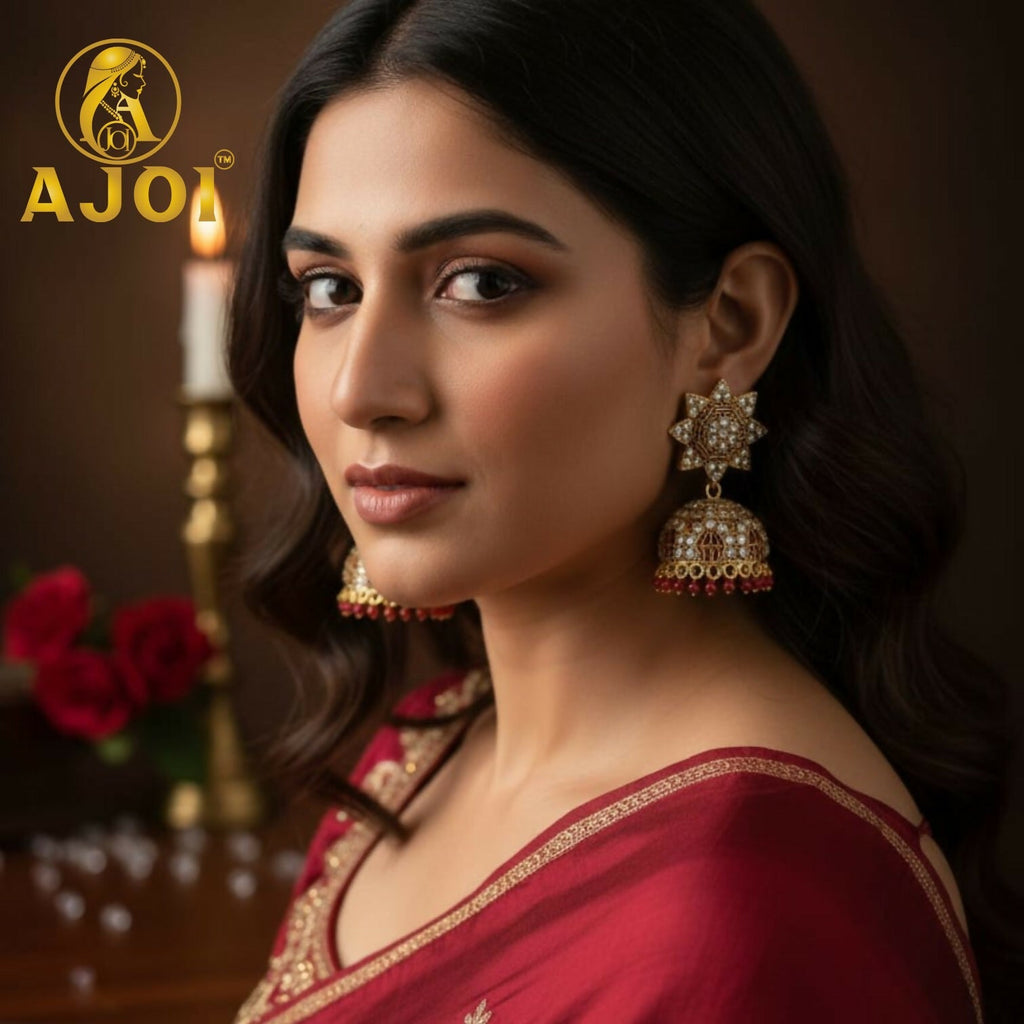 Kundan Jhumka Earrings – Traditional Gold Plated with Red Bead Drops