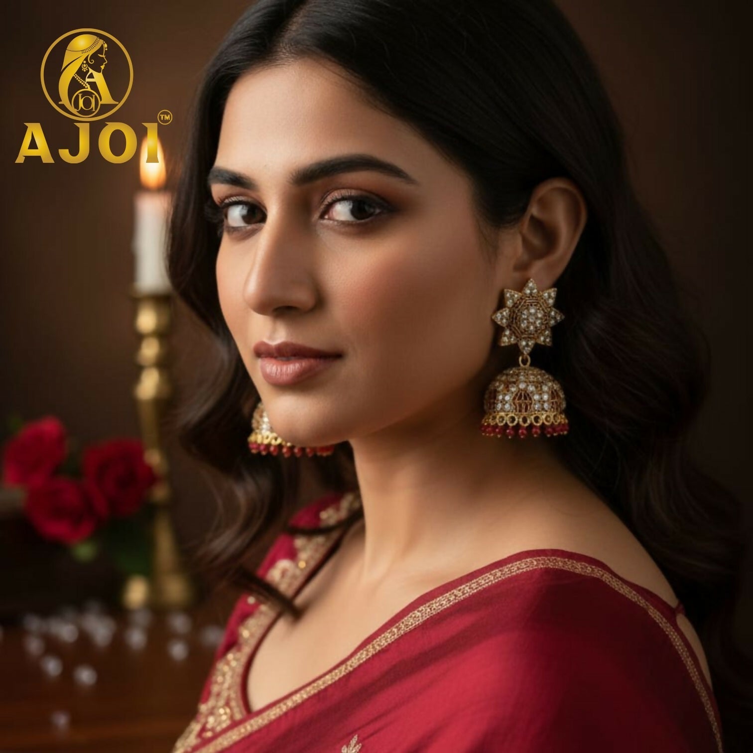 Kundan Jhumka Earrings – Traditional Gold Plated with Red Bead Drops