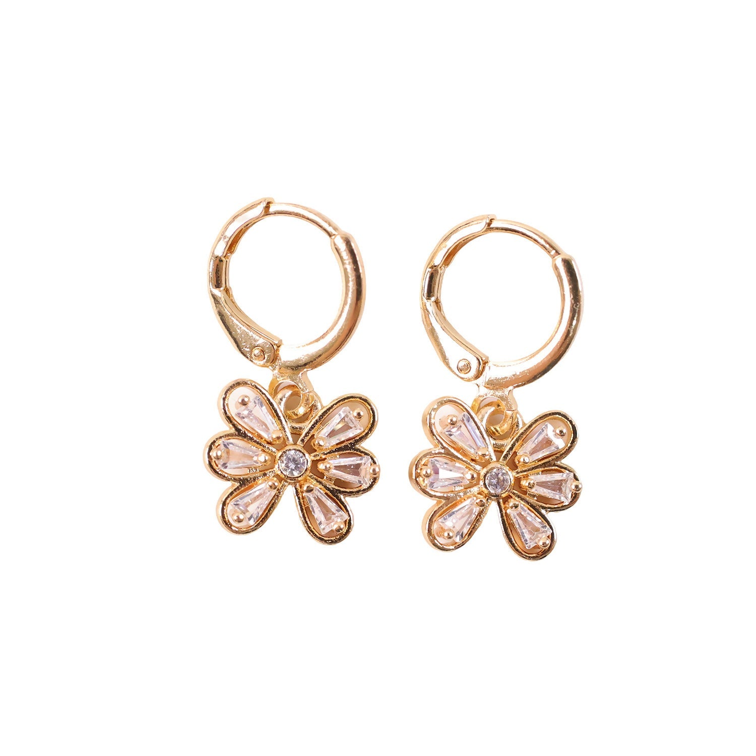 Gold-Tone Floral Hoop Earrings – Elegant Crystal Drop Design