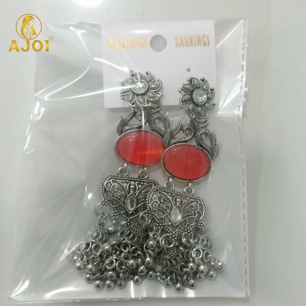 Oxidized Silver Jhumka Earrings – Red Stone & Ornate Filigree