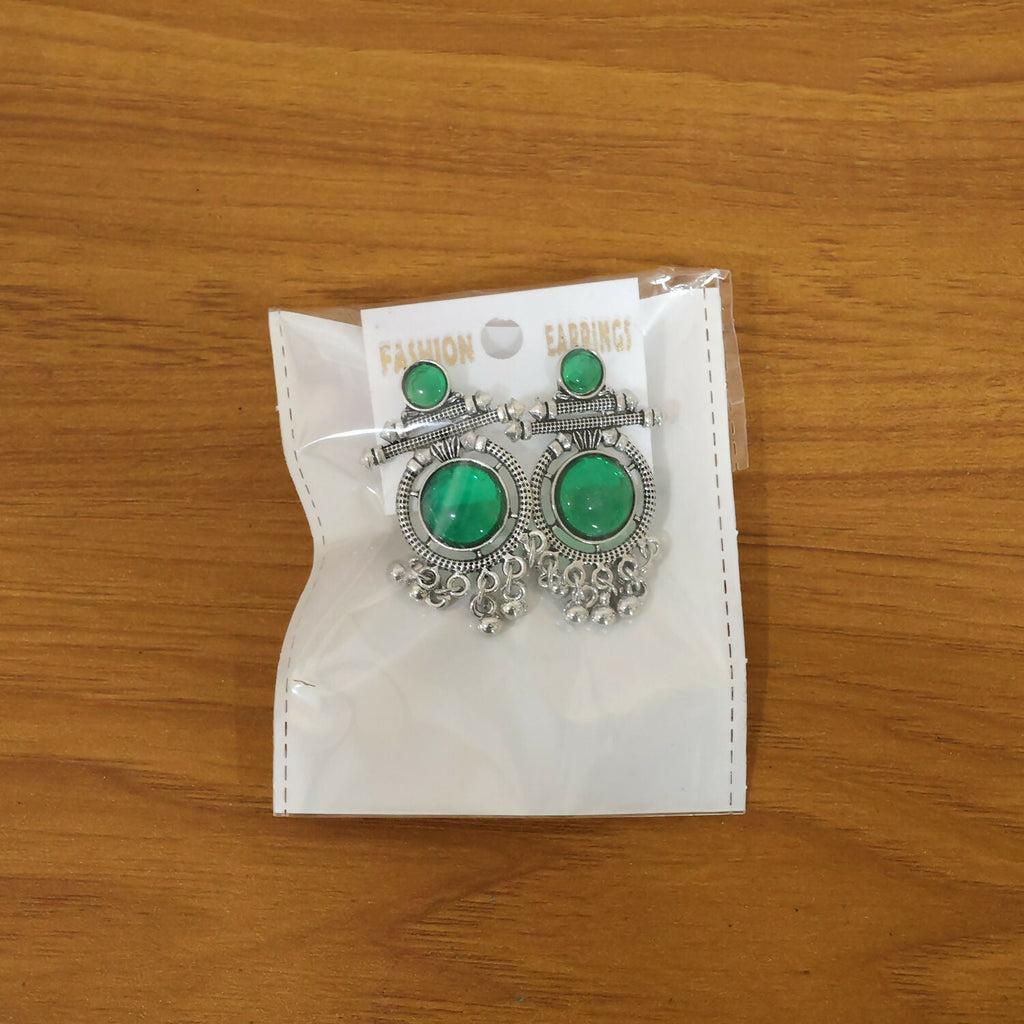 German Silver Green Stone Earrings – Festive & Party Style