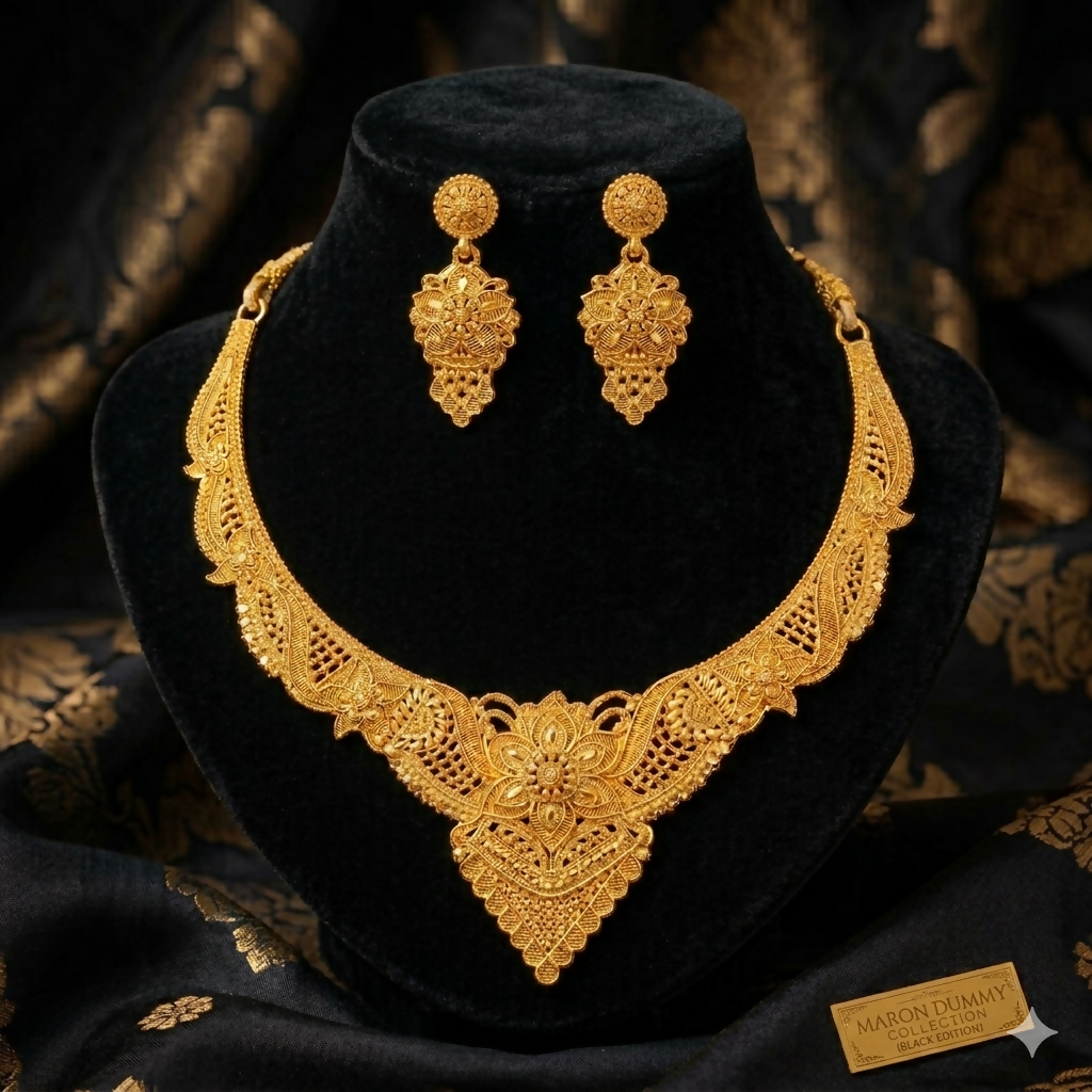 Gold-Tone Floral Necklace with Matching Earrings for Wedding & Festive Wear