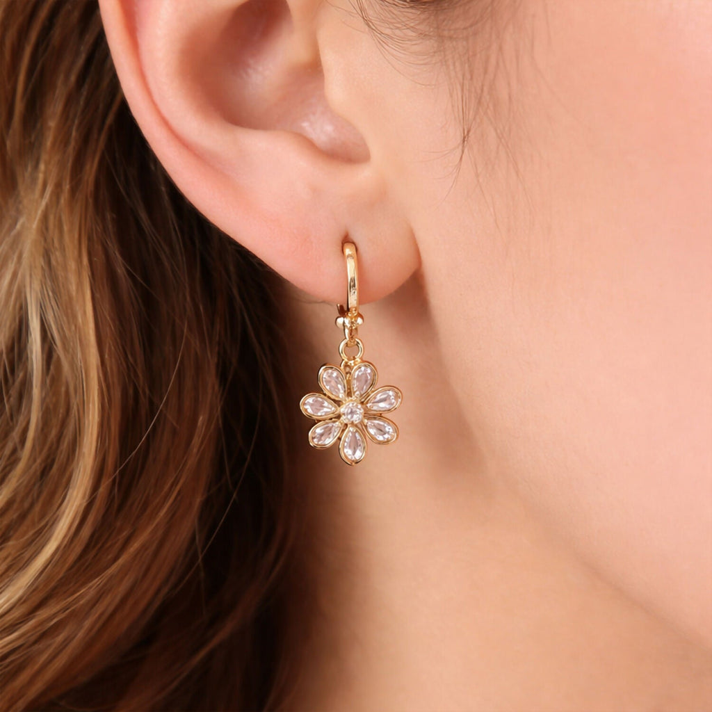 Gold-Tone Floral Hoop Earrings – Elegant Crystal Drop Design