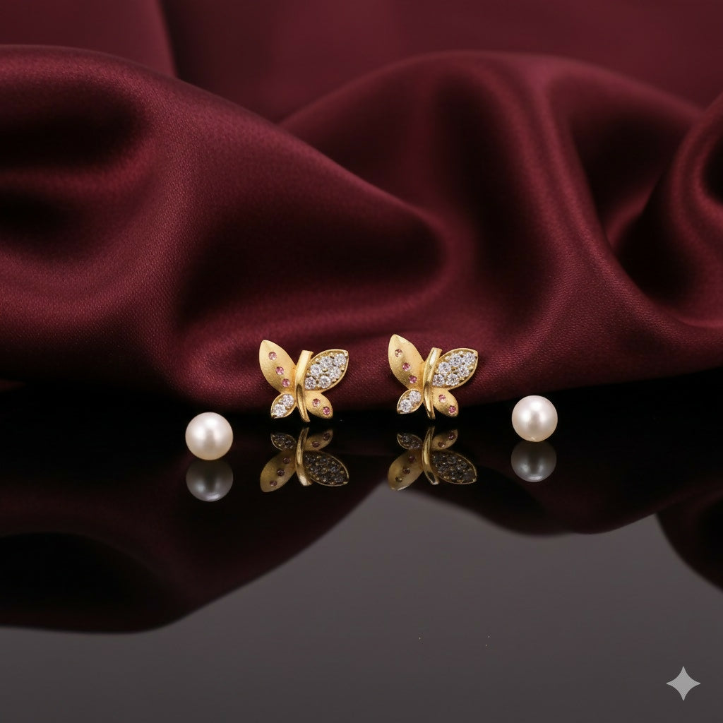 Gold Plated Butterfly Studs – Matte Finish AD Stone Earrings