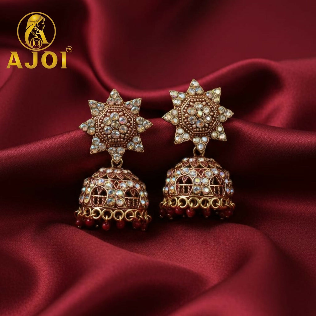 Kundan Jhumka Earrings – Traditional Gold Plated with Red Bead Drops