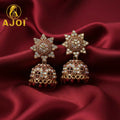Kundan Jhumka Earrings – Traditional Gold Plated with Red Bead Drops