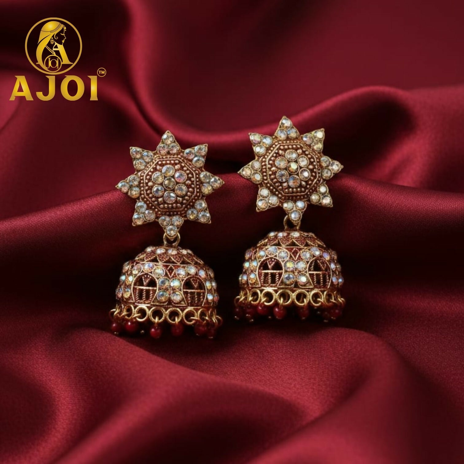 Kundan Jhumka Earrings – Traditional Gold Plated with Red Bead Drops