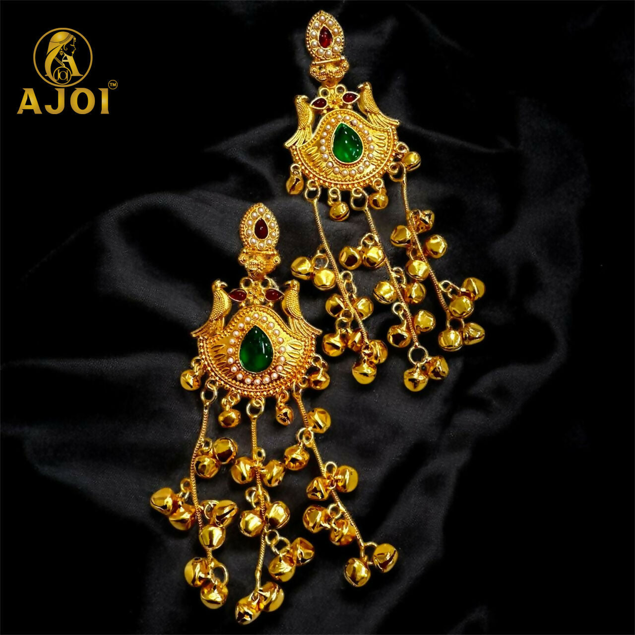 Kashmiri Gold-Plated Jhumka Earrings – Elegant Green Stone & Ghungroo
