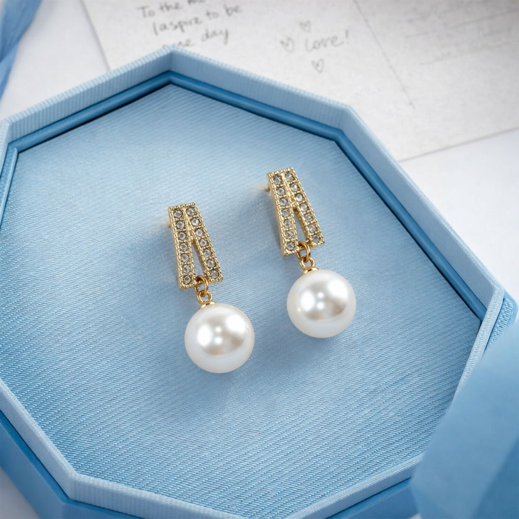 White Pearl Drop Earrings – Gold Plated Crystal Studs