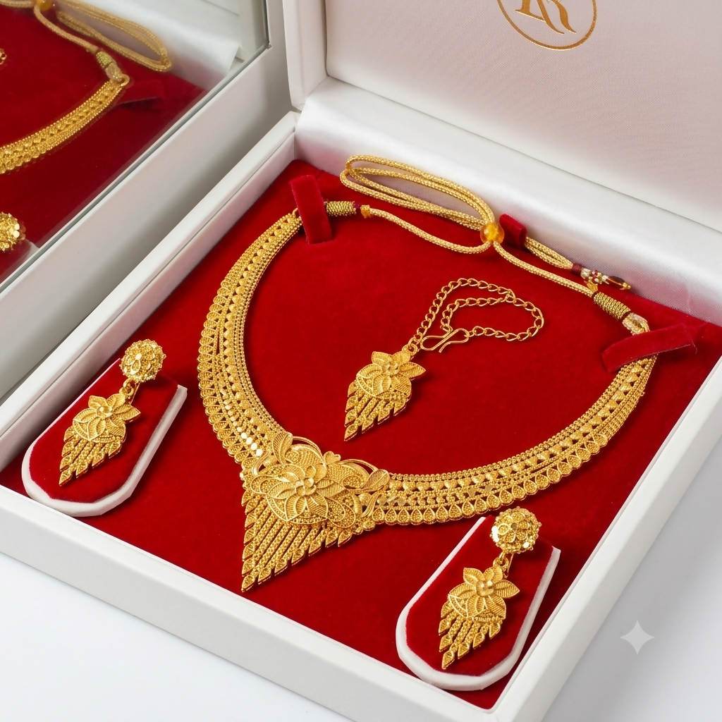 Traditional Gold-Plated Bridal Necklace Set with Earrings and Maang Tikka for Women