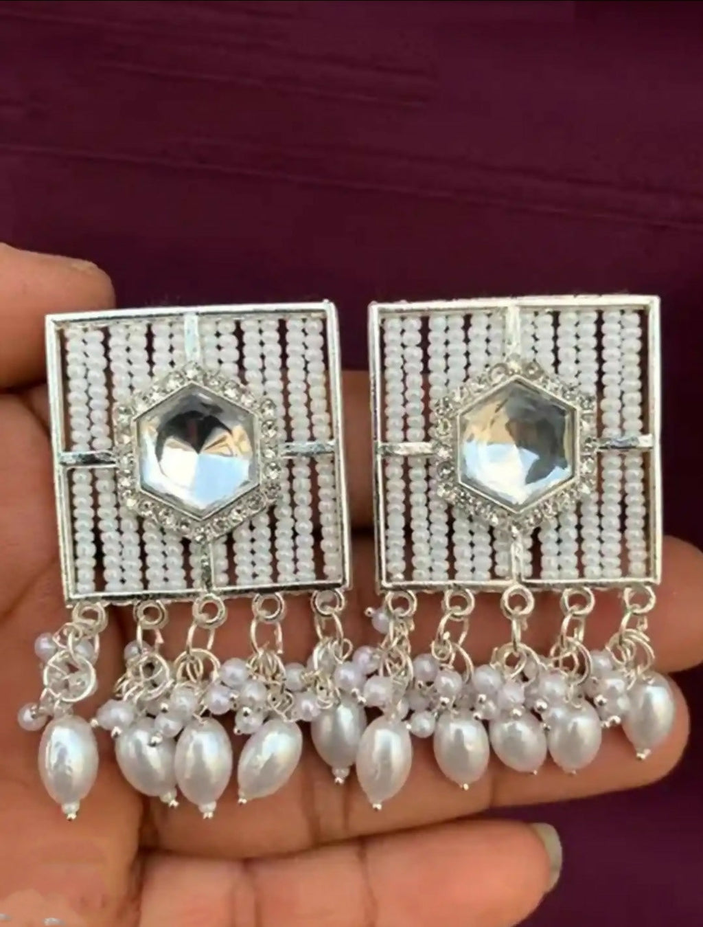 Kundan Jhumka Earrings – Traditional Silver-Toned Pearl Encrusted