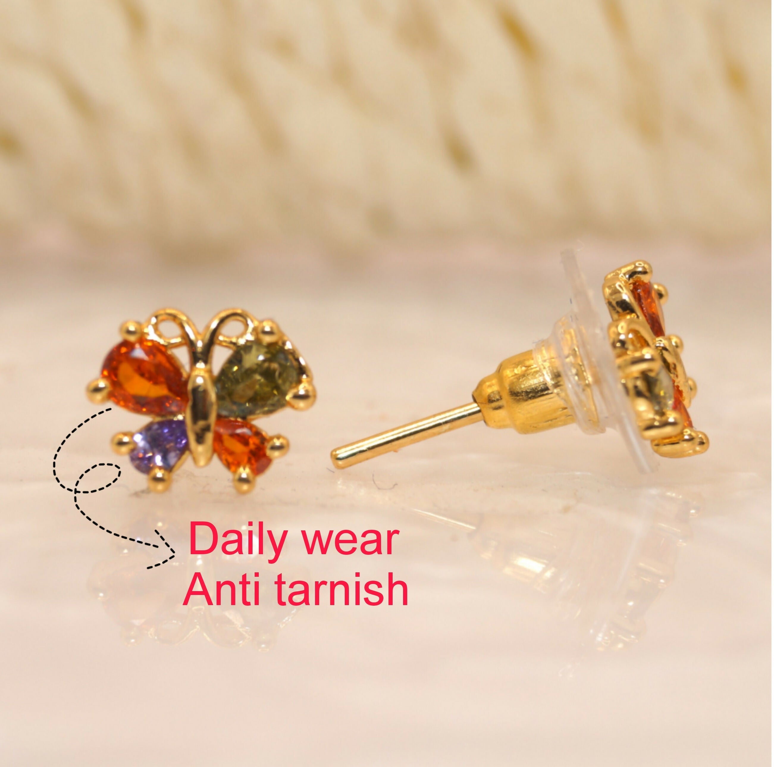 Gold Plated Butterfly Stud Earrings – Multicolored Zircon Sparkle