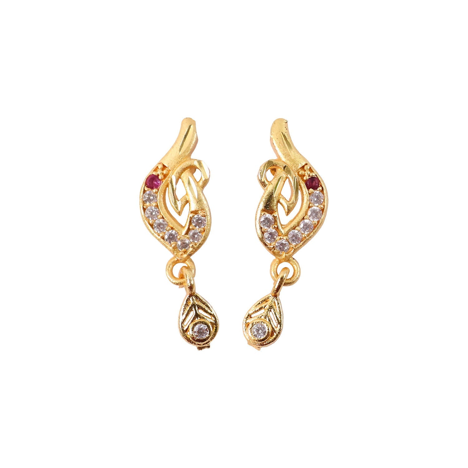 Gold Leaf Drop Earrings – Elegant Stone-Studded Design