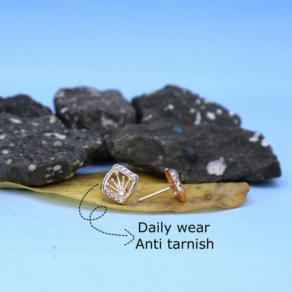 Rose Gold Crown Stud Earrings – Elegant Daily Wear Jewelry