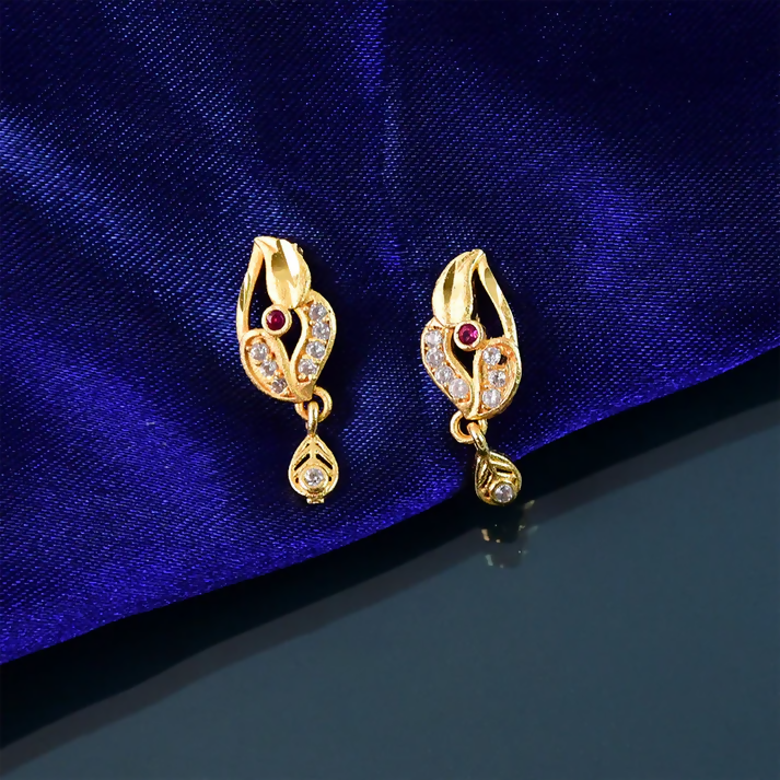 Gold Finish Earrings with Red Stone & Crystal Detailing – Elegant Shine