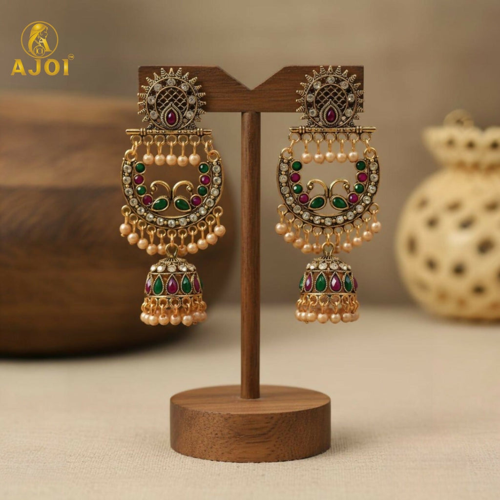 Peacock Motif Antique Gold Finish Chandbali Earrings – Royal Elegance
