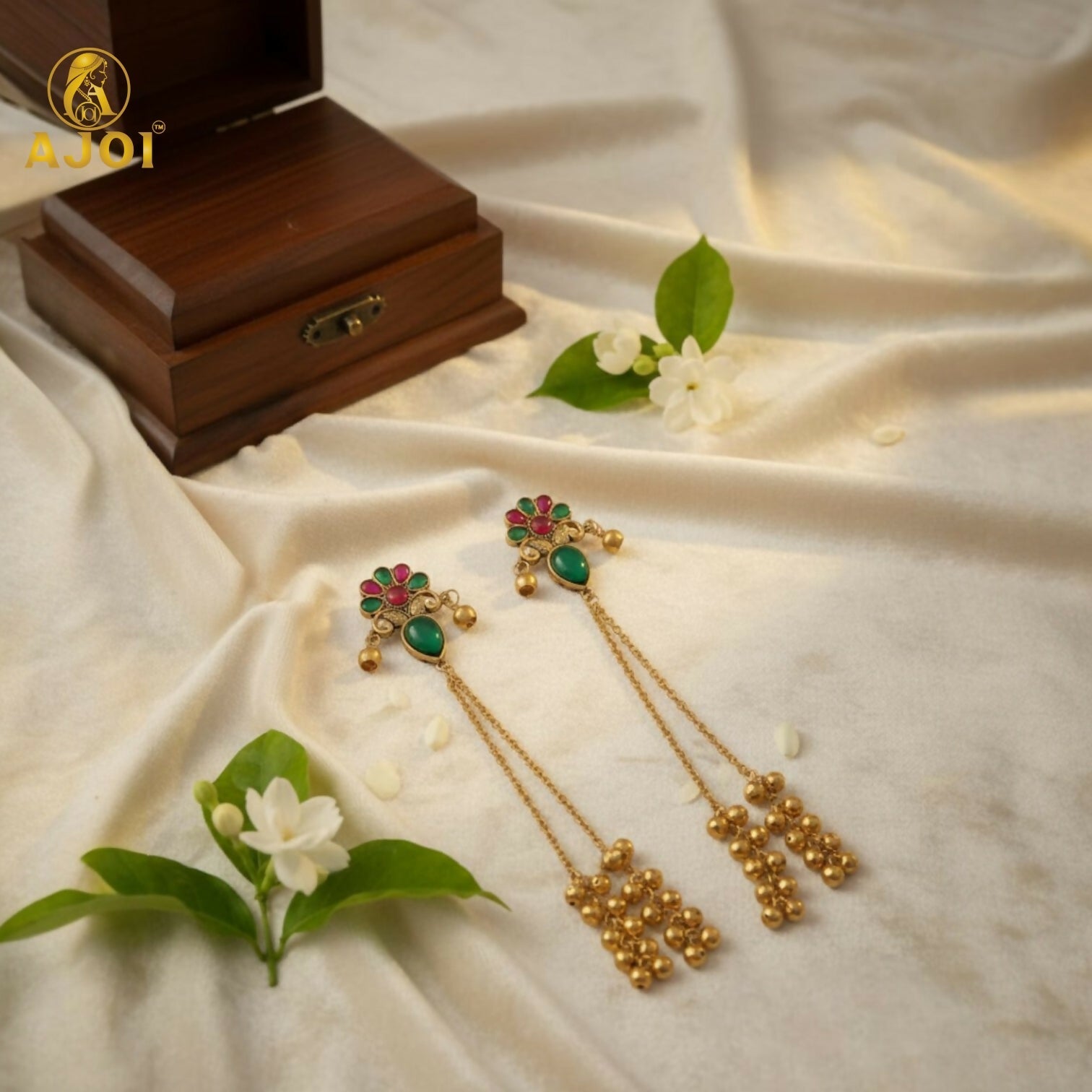Kashmiri Gold Plated Floral Long Latkan Earrings – Elegant Ethnic Style