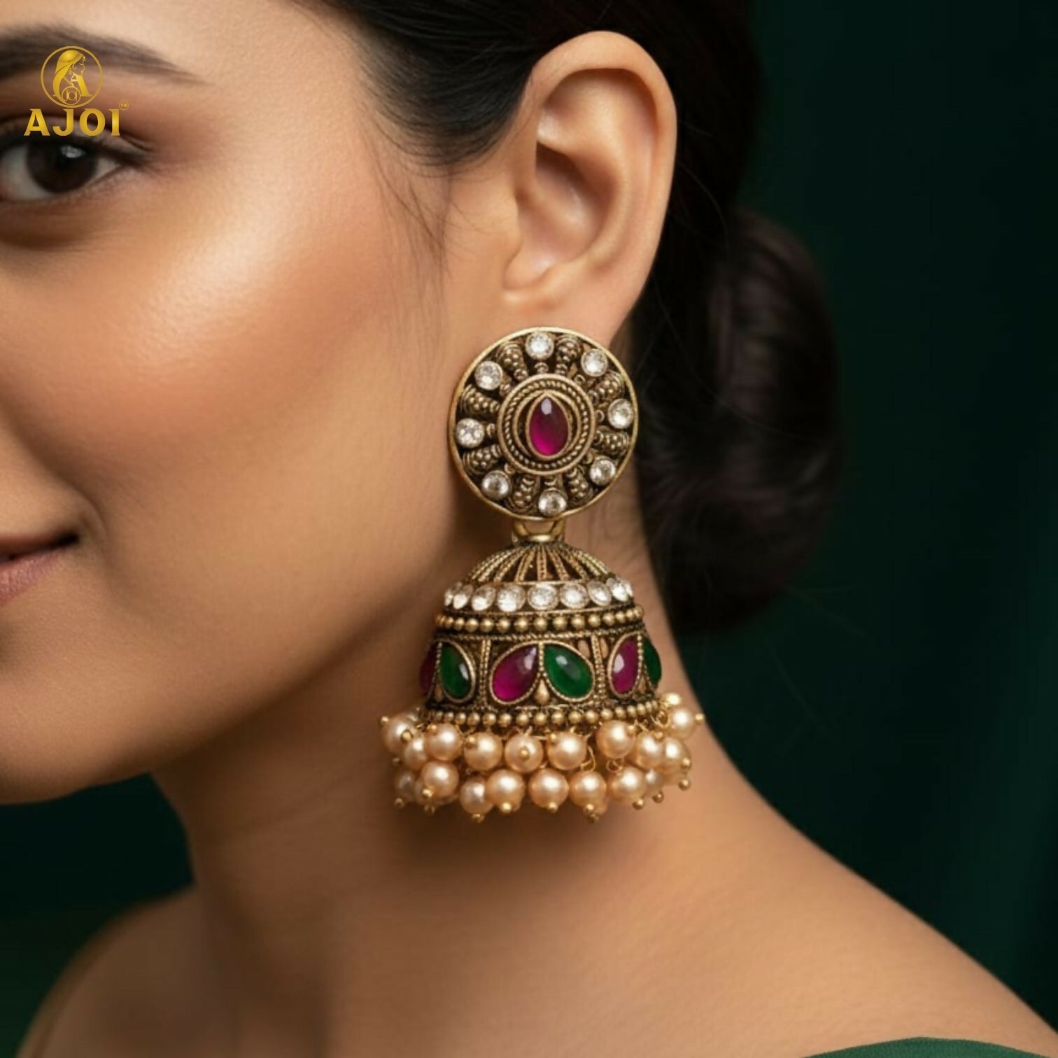 Antique Gold Pearl Drop Jhumka Earrings – Elegant Green & Pink Stones