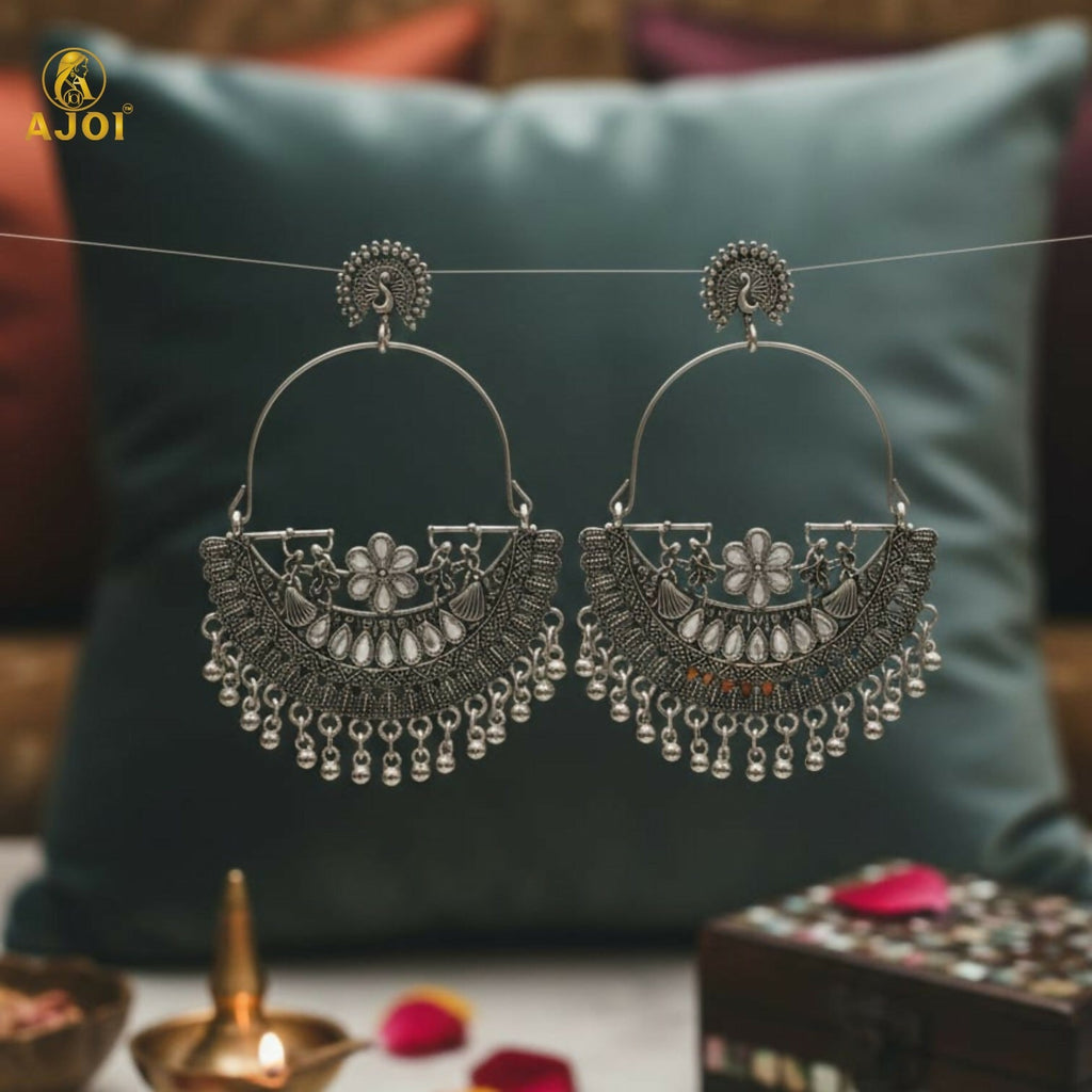 Oxidized Silver Peacock Arch Earrings – Intricate Handcrafted Detailing