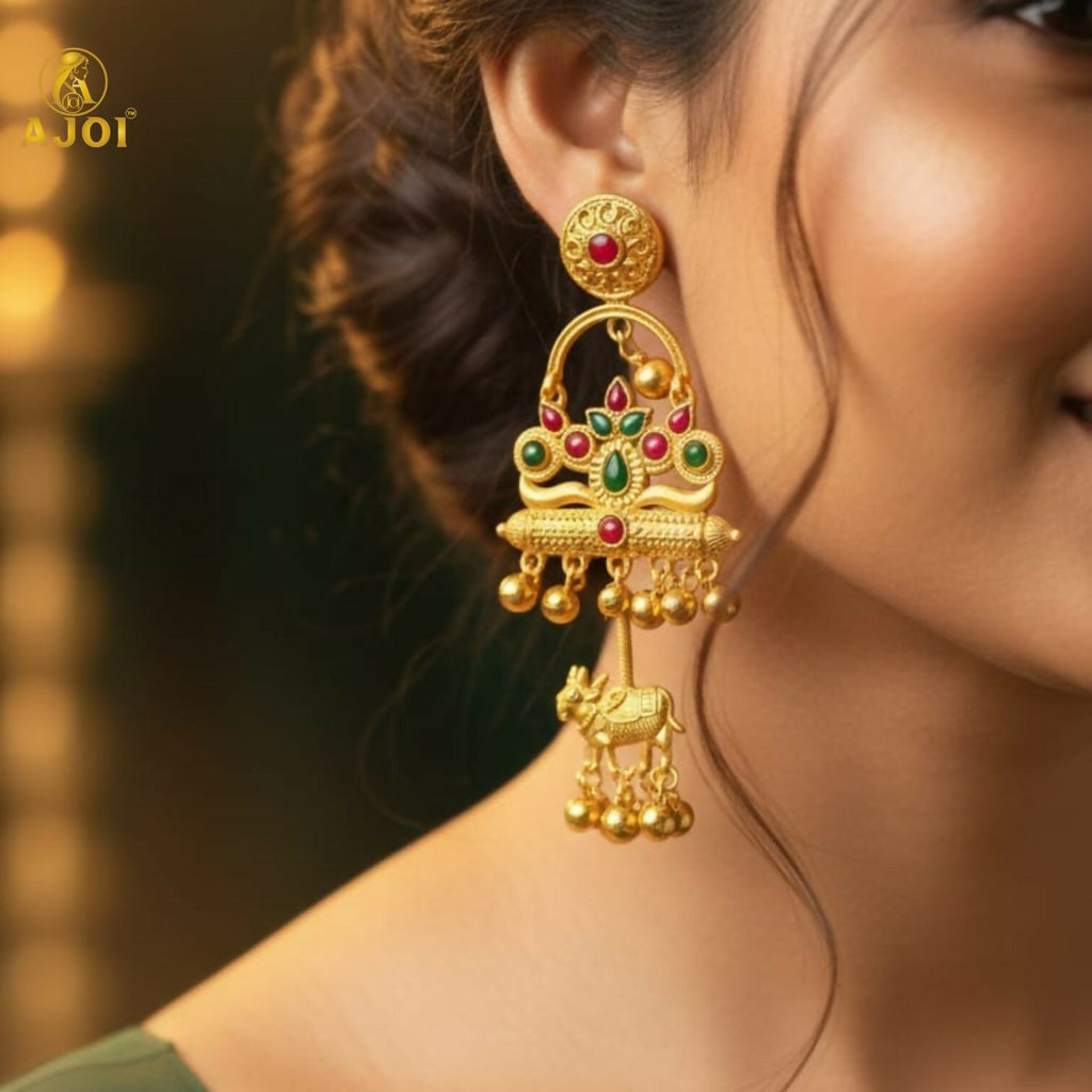 Antique Gold-Plated Tribal Drop Earrings With Red Green Stones