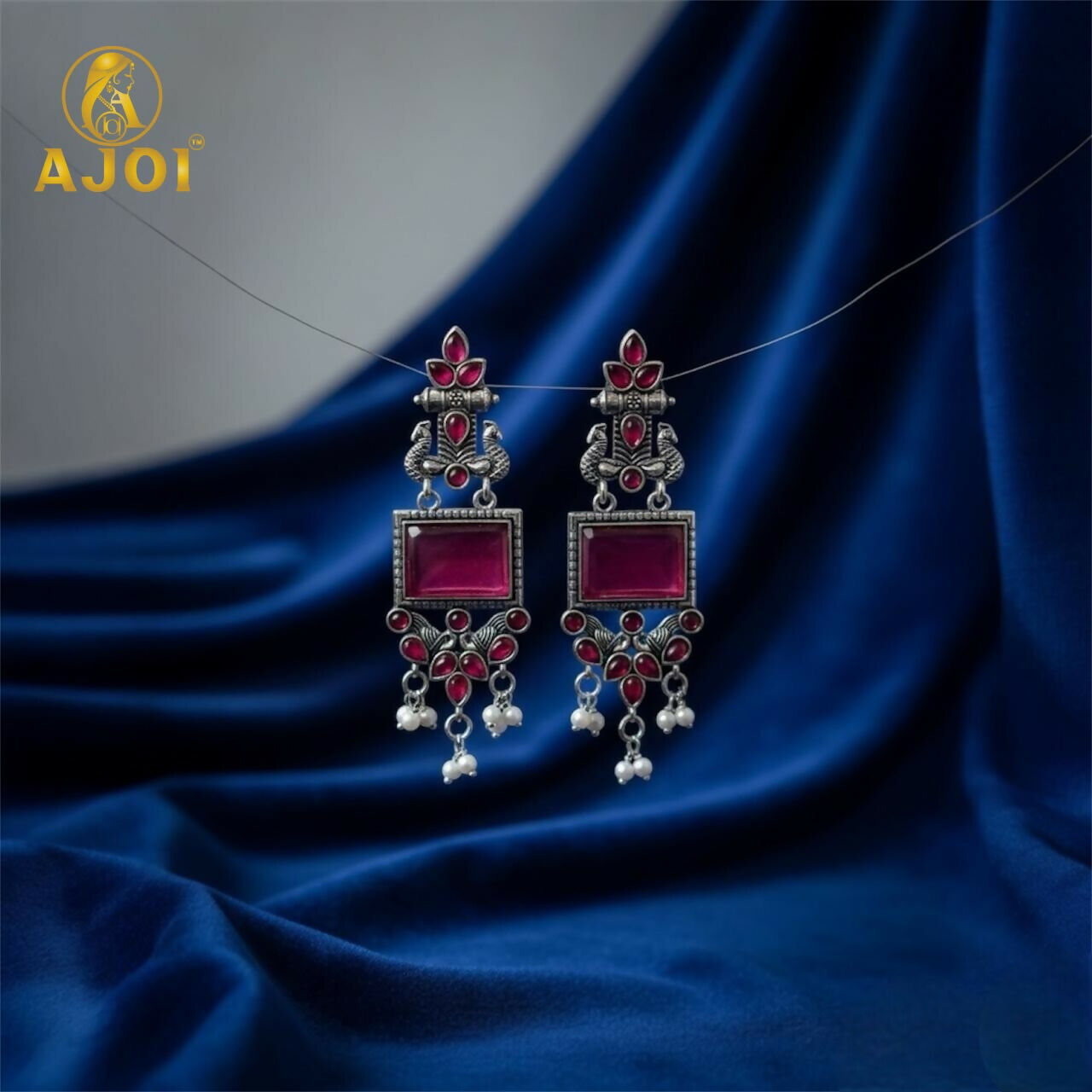 Antique Silver Earrings – Pink Square Beads & Pearl Drops